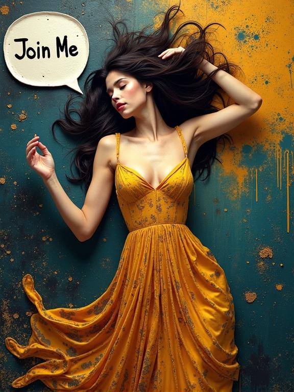 Woman in a yellow dress poses artistically against a teal and textured background. Long hair flows around her. Speech bubble says 'Join Me.'