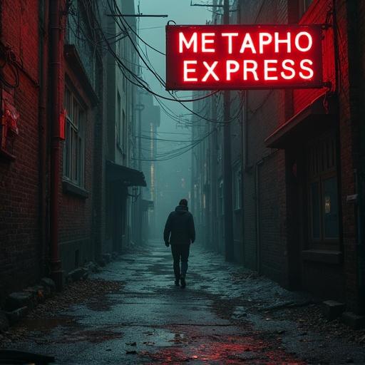 Dark ghetto street image with a single figure walking and a neon sign. Text on the sign says Metaphor Express.