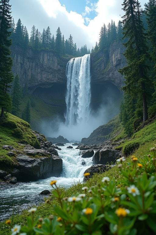 Hyper-realistic image of a majestic waterfall cascading down a rugged mountain slope. Surrounded by dense tall evergreen pine trees. Camera angle is low, upward diagonal. Emphasizes height and force of the waterfall. Water plunges onto moss-covered rocks below, creating misty spray. Foreground with vivid green alpine plants and wildflowers with white blossoms. Water is crystal-clear and dynamic. Overcast weather with blue sky patches. Soft diffused light enriches color tones. High depth-of-field with vibrant colors, realistic textures, detailed lighting and shadows.