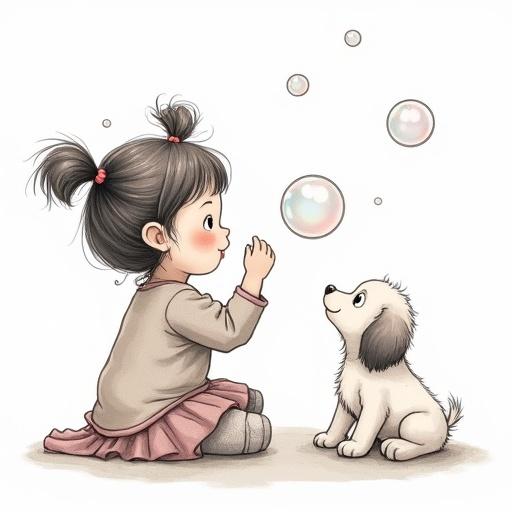 Children’s drawing of a girl with pig tails blowing bubbles. She sits on the ground next to a puppy looking at the bubbles. Transparent background.