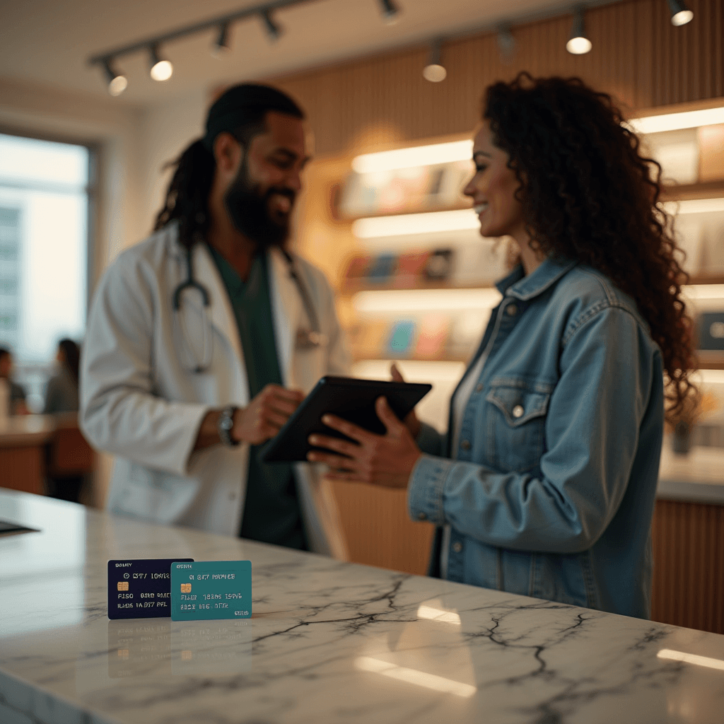 The image depicts a doctor in a white coat with a stethoscope around his neck engaged in a consultation with a woman. The woman is holding a tablet, likely reviewing or discussing information with the doctor. They are standing in a modern, well-lit space with a wooden-paneled wall and shelves in the background. On the marble countertop in front of them, two credit cards are placed upright, suggesting a transaction or payment context related to a medical appointment.