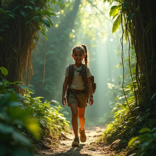 A young girl with a ponytail is exploring a lush jungle. She carries a leather satchel. She walks along a path surrounded by ancient trees. The light breaks through the leaves. The girl shows expressions of wonder and determination.