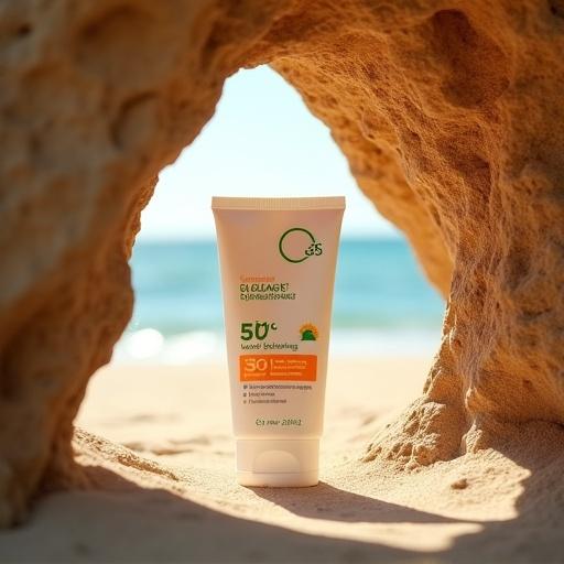 Sunscreen product tube placed vertically inside a natural rock cave. Sunlight illuminates the tube from behind. Blurred sandy beach and ocean in the background. Warm earthy tones for rock texture. Natural daylight for lighting.