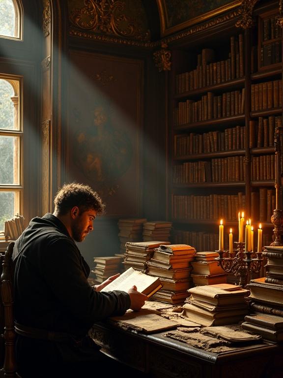 Dimly lit baroque library with ornate gilded details and warm golden lighting. Scholar sits at cluttered wooden desk studying an ancient leather-bound tome. Stacks of yellowed manuscripts and dusty artifacts surrounded by flickering candles. Reminiscent of Rembrandt and Caravaggio's works.