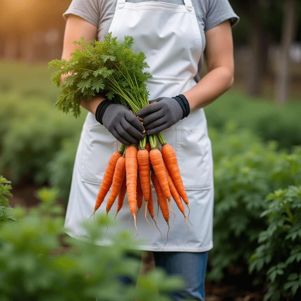 A person wearing a white apron and gloves holds freshly picked carrots in a lush garden.