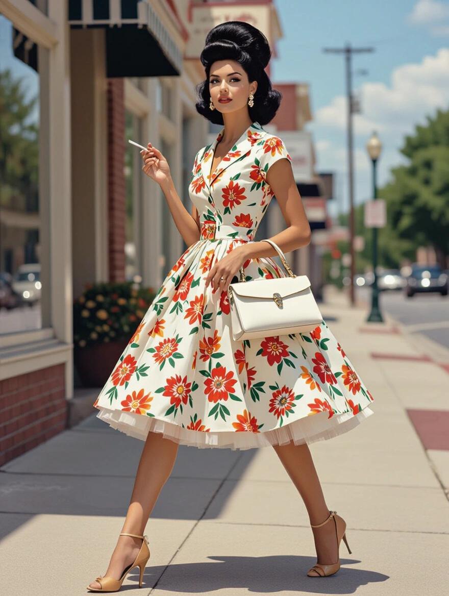 Beautiful woman in 1960s floral sundress with petticoat. Black beehive hairstyle. Holding a cigarette. Walking on small town sidewalk. Long legs with high heels. Carrying a white purse.