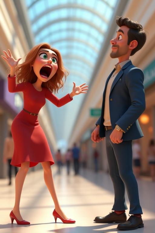 Stylized cartoon scene shows a woman in a red dress with expressive face in a shopping mall. She is screaming and raising her hands while a man in a navy blazer looks shocked. Shoppers around them react with surprise. Bright lighting enhances the situation.