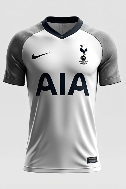 Design a front kit featuring Tottenham Hotspur and Nike. The design is sleek with typography and subtle watermark patterns using white, grey, and black. A large AIA logo and Nike tick are prominently displayed.