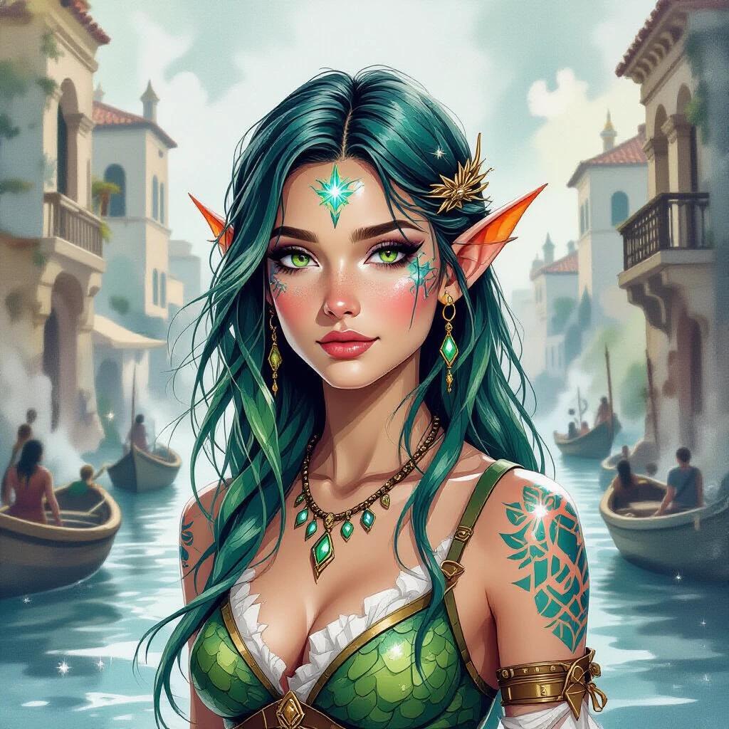 Dark watercolor illustration features a teenage Triton female. She has sharp finned ears and green-blue scaled skin. Background shows an ancient Grecian port city with boats and buildings. She's wearing fantasy clothing and using black stone magic creating constellations with light. She has long green-blue hair and fish scales. The artwork captures fantasy essence.
