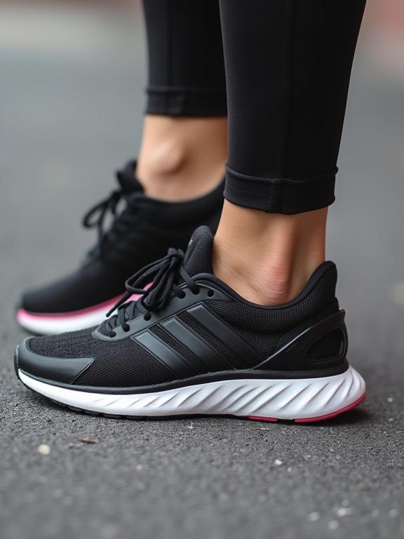 Close-up of black athletic running shoes on a person wearing black leggings. Focus on styling and design of the footwear. Contrast with surrounding floor surface to emphasize shoes.