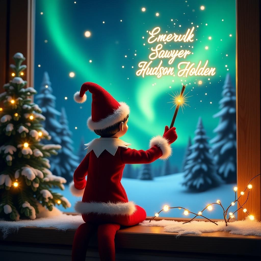 An enchanting Christmas scene featuring an elf on the shelf. The elf, dressed in red and white, is facing a vibrant sky lit by northern lights. He wields a magic wand, casting a spell that displays names in glowing script. The backdrop showcases snowy trees, enhancing the festive atmosphere. The overall composition captures the wonder and excitement of the holiday season, making viewers feel the joy of Christmas.