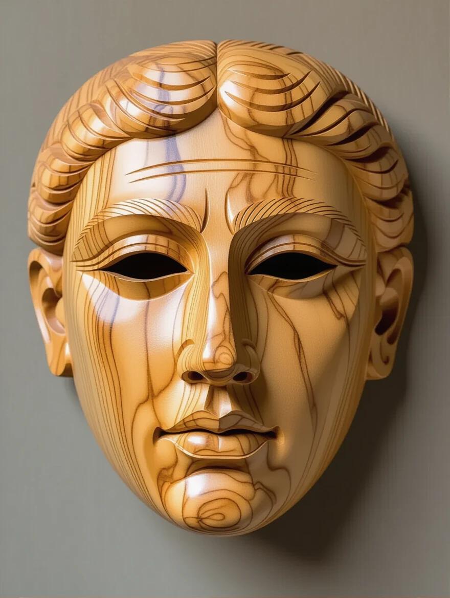 Wooden mask carved in Roman style. Made from olive wood with intricate details around eyes and mouth. Textured features and earthy tones are visible. Fine straight grain and smooth finish enhance the artistic look.