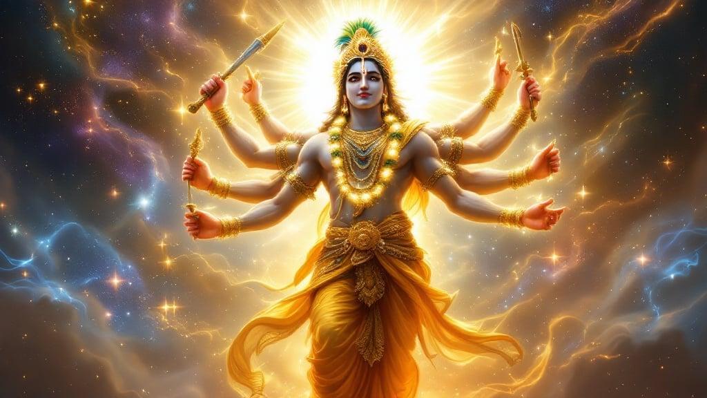 Hyper realistic visual of Lord Krishna in his Vishwaroop form. Multiple arms, holding weapons, divine illumination. Surrounded by galaxies and stars. Golden attire and peacock-feathered crown enhance the celestial appearance.