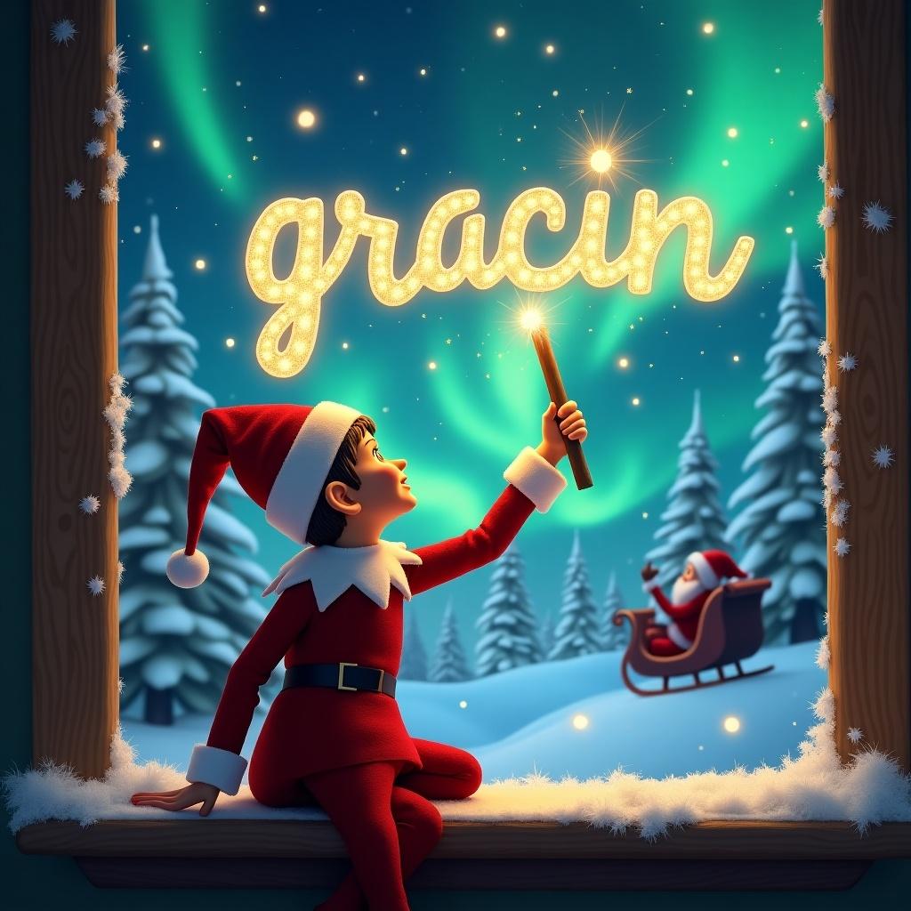 Elf on the shelf writing gracin in the sky with a wand. Magical Christmas background with northern lights and Santa. Scenic winter landscape.