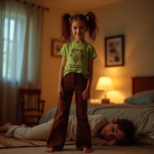 Photo depicts a dimly-lit bedroom with warm lighting. A barefoot teenage girl stands on top of a friend laying on the carpet. The girl has messy dark red pigtails. She wears a lime-green t-shirt with a cool print design and long brown corduroy bellbottom trousers.