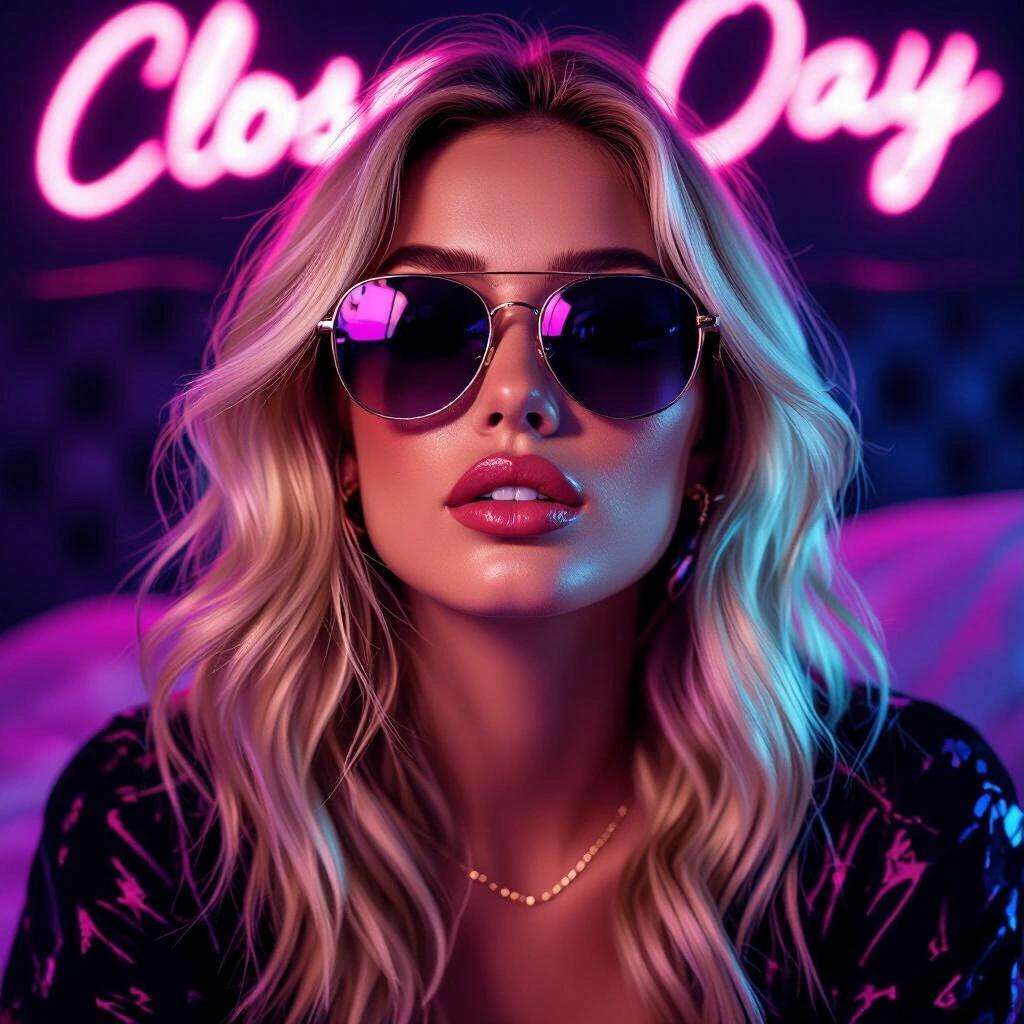 Close up of a classy blonde in a dark neon bedroom setting. She wears sunglasses. The background features pink neon lights. Artistic representation suitable for an album cover.
