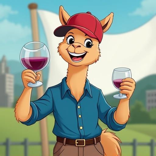 Animated cartoon character of an alpaca in a red baseball cap. Dressed in a blue luxurious shirt and brown trousers. Holds two glasses of wine. Background features a white flag and city buildings.