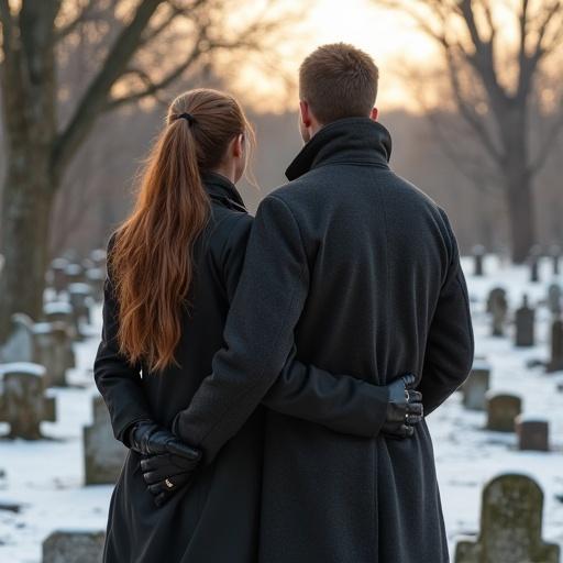 Late winter scene with siblings at a graveyard. A woman with chestnut brown hair in a ponytail stands with her brother. They are at a grave of a couple who supported her journey. She is grieving silently with hands in pockets. He comforts her with an arm around her shoulder.