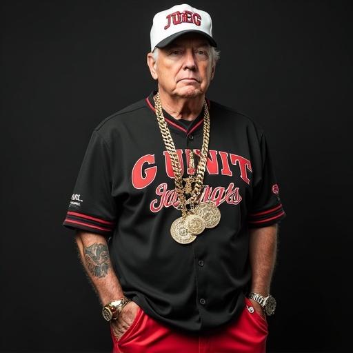 Image of a person dressed as a gangster with gold chains. Featured are a G UNIT baseball cap and a baseball shirt. Person wearing tracky bottoms stands confidently.