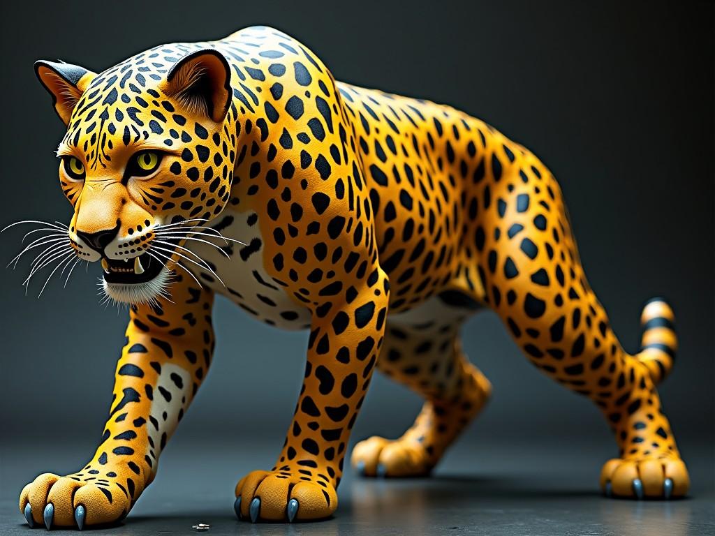 The image showcases a stylized leopard created with intricate designs resembling organic patterns. Its body is composed of a textured golden hue with dark, swirling patterns that mimic the natural markings of a leopard. The eyes are strikingly vibrant, adding a piercing gaze to the animal's face. The stance of the leopard is strong and confident, positioned as if ready to leap or engage with its surroundings. The background contrasts with the detailed features of the animal, enhancing its artistic presentation.