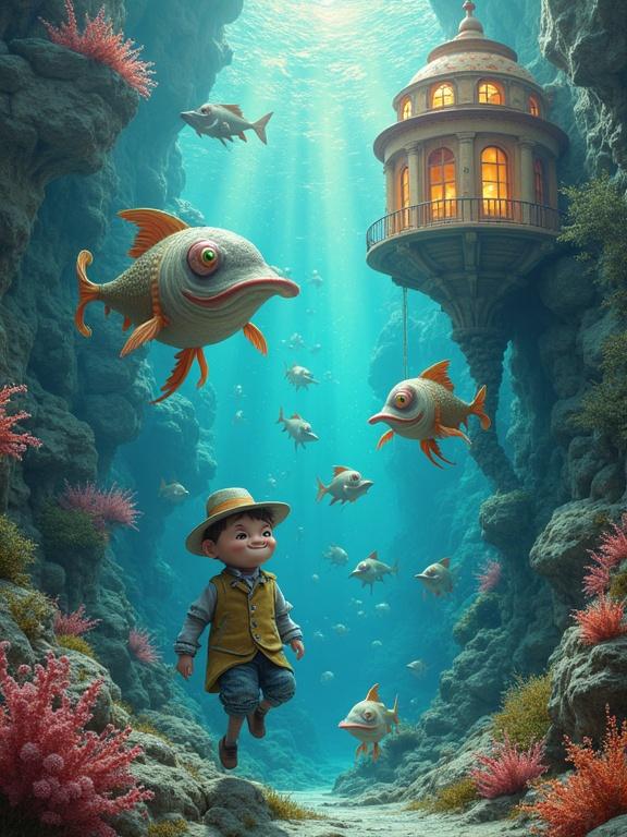 Vibrant surreal scene with whimsical characters swimming in aquatic realm. Dreamlike background features distorted architecture and swirling colors. Intricate details highlight playful fish and flowing water, creating a fantastical atmosphere with depth and luminosity.