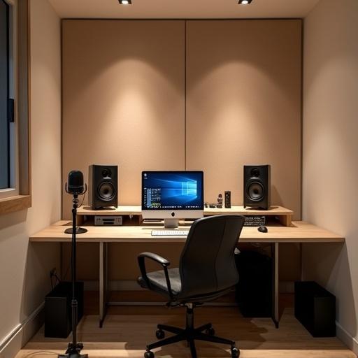 Clean minimalist recording studio interior. Desk with laptop audio interface studio monitors microphone stand. Acoustic foam panels on walls. Soft ambient lighting. The space is functional and uncluttered.