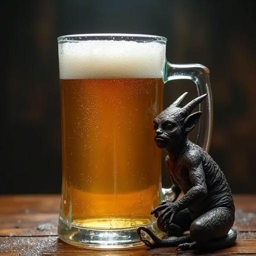 A glass mug filled to the brim with beer on a wooden surface. The mug has condensation. A small demon leans against the mug. Warm ambient lighting enhances the scene.