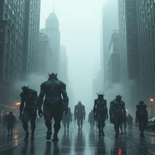 Grotesque towering beings with bizarre mismatched body parts half as tall as skyscrapers march down a slick paved street. City shrouded in fog, silhouettes of New York-style skyscrapers loom around. Art Deco crowns and glass facades catch diffused light. Creatures move with unstoppable force, casting deep shadows. Larger giants peer over misty mountains watching procession. Scene pulses with cinematic energy, surreal and awe-inspiring, featuring the hairless dog breaking ground as they step.