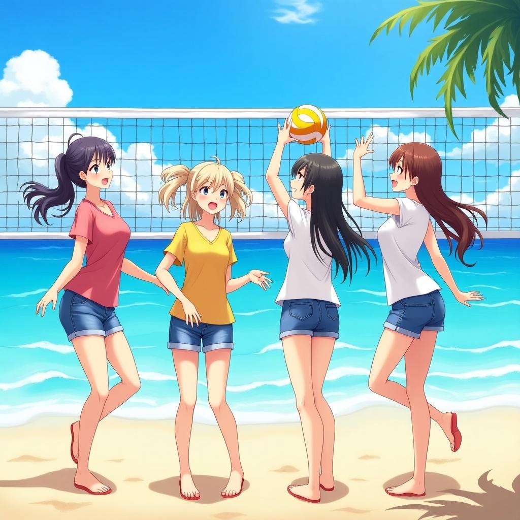 Four anime-style girls play volleyball at the beach. They wear colorful clothes and denim shorts. The ocean and blue sky are vibrant. The scene captures friendship and fun.