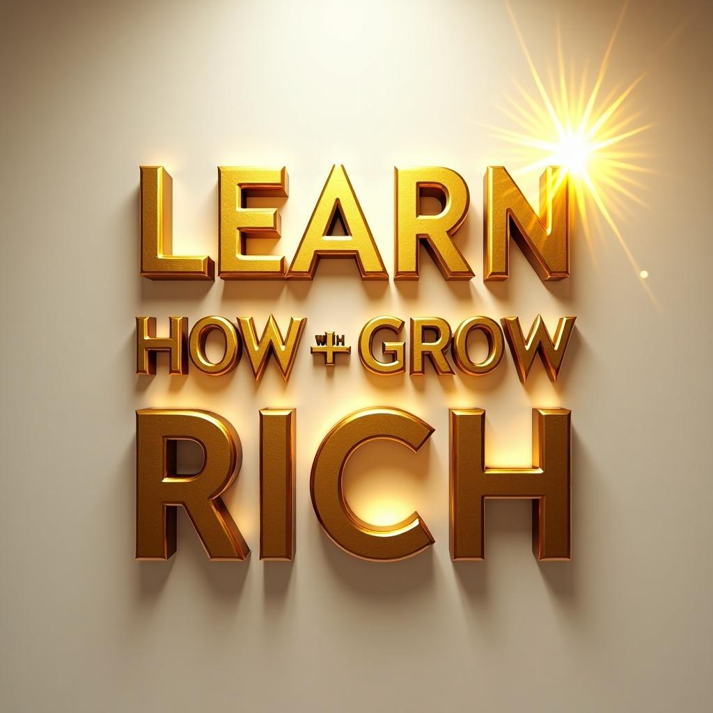 This image features the phrase 'LEARN HOW GROW RICH' prominently displayed in shiny, golden letters set against a transparent background. The letters have a reflective surface that captures light brilliantly, enhancing their visual appeal. A star-like gleam emanates from the top right corner, adding a touch of brilliance to the text. The overall composition exudes a sense of wealth and success, making it suitable for resources related to financial education. The shiny texture and radiant light create an eye-catching visual that draws attention.