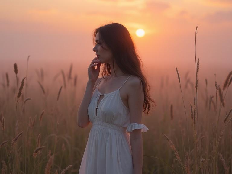 A woman stands in a tall grassy field. Misty glow surrounds the scene. Warm orange and purple hues suggest a sunset. The woman has long dark hair. She wears a white flowing dress. Captured in profile, touching her hair. A serene and dreamlike mood with soft lighting.