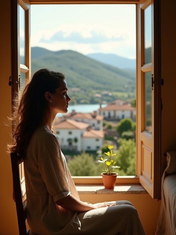 A young European woman sits in profile at a large open window. She gazes thoughtfully at the serene countryside outside. White houses with terracotta roofs are nestled among green trees. Rolling hills and a calm body of water are visible under a softly clouded sky. She wears a light-colored dress and sits on a wooden chair in a warm, earth-toned room filled with golden light. A small potted plant rests on the windowsill. The scene evokes introspection, tranquility, and connection with nature.