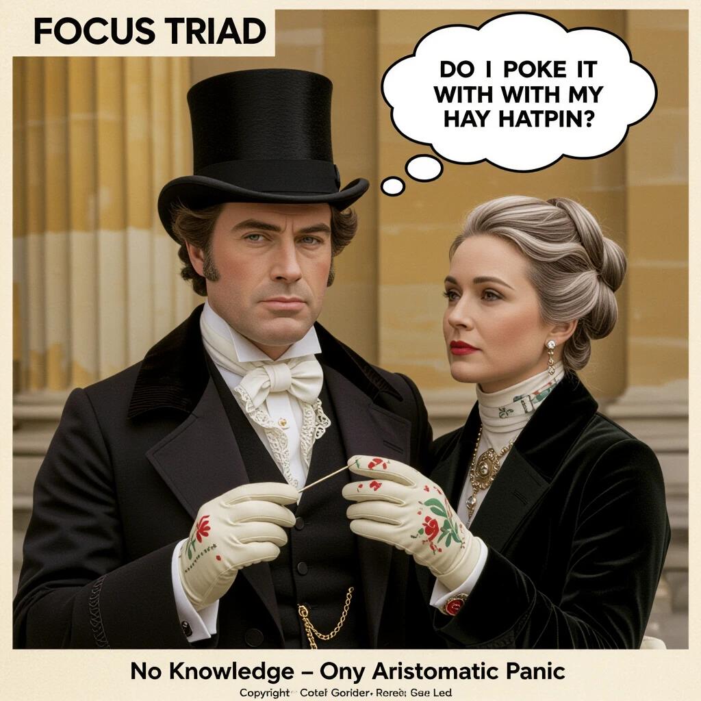 Man in elegant suit and top hat stands with woman in vintage dress. Thought bubble shows humorous question about using a hatpin. Background features historic architecture. Light and bright setting.
