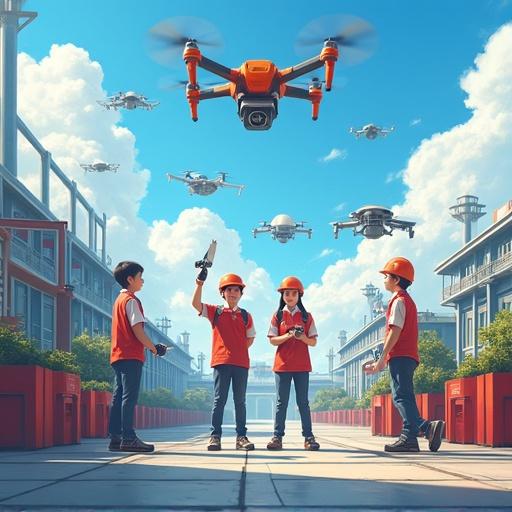 Students operate machines at Guangdong Machinery Technician College Skills Festival. Teaching buildings are in the background. Blue sky with white clouds. Various technological elements, drones and robotic arms visible. Scene suitable for campus promotional posters. Bright and cheerful atmosphere. Realistic sci-fi style, high saturation colors.