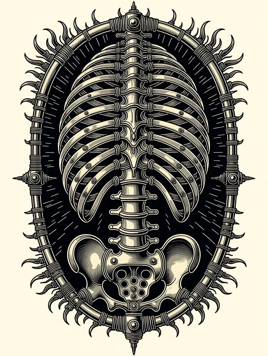 Biomechanical tattoo design. Inspired by H.R. Giger. Detailed illustration of spine and ribcage. Integrated machinery elements. Bone-like metal textures. Organic curves with chrome accents. Symmetrical layout. Clean flash style. White background. Dark surrealism subjects.