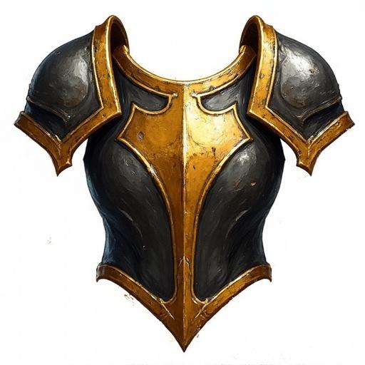 Icon representation of a legendary gold silver and black breastplate with a fantasy style. Designed for card games like World of Warcraft. Hand-painted appearance with a transparent background. Simple details.