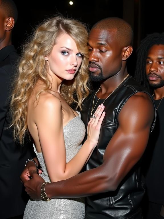 18 year old Taylor Swift attends an awards show after party with Kanye West. Taylor has curly blonde hair styled in her Fearless Era. She wears a sparkly silver dress and white cowboy boots. Kanye wears a black leather vest. They appear close, with Taylor looking towards the viewer. The atmosphere feels vibrant and party-like. Several other individuals are nearby, contributing to the scene.