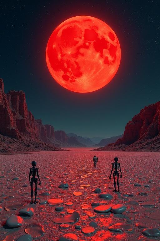 A red moon illuminates a surreal desert composed of glass shards featuring skeletal figures with a mysterious landscape