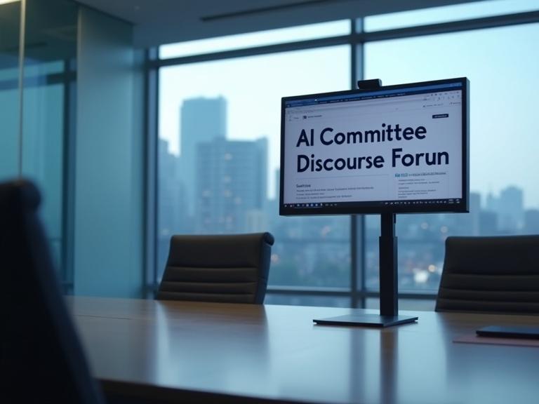 Modern conference room with glass wall and blurred city skyline. Computer displays AI Committee Discourse Forum.