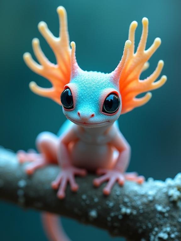 A small lizard-like creature on a branch. Rounded head and compact body tapering at the back. Webbed hands and feet gripping a textured branch. Ear-like structures resembling coral fans. Bioluminescent tips glistening with dew. Gradient coloring from sky blue to peach-pink. Oversized glossy black eyes with iridescent rings. Blurred teal-blue background for a dreaming effect. Fantasy realism blending marine and reptilian aesthetics.