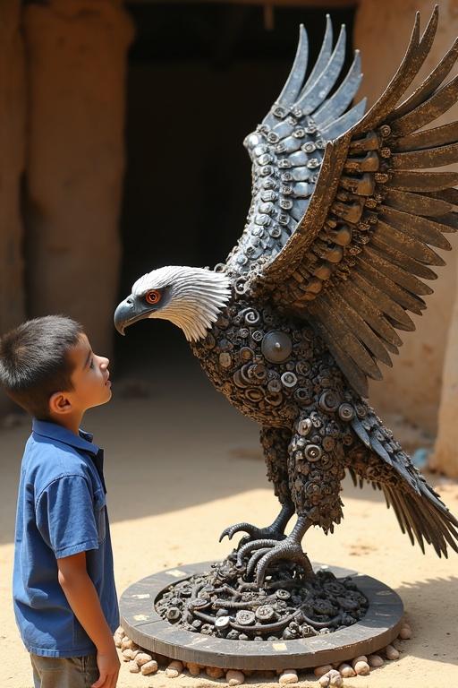 Boy in blue shirt faces eagle sculpture made from scrap metal and mechanical parts. Sculpture has outspread wings on a circular base. The background features mud walls, creating a workshop atmosphere highlighting creativity and recycling.
