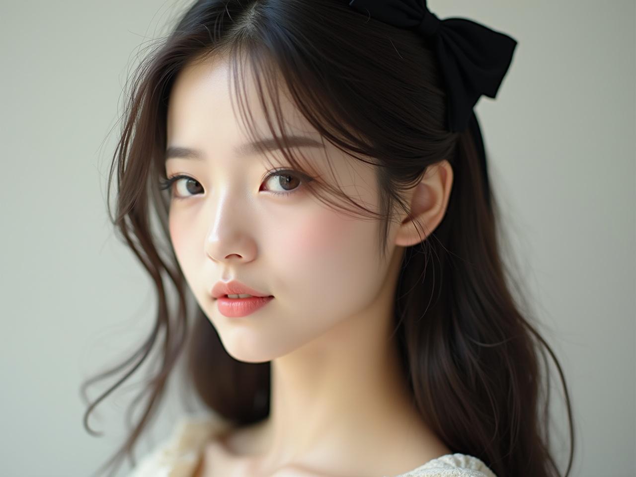 The image features a portrait of a young woman with glossy milky skin. Her hair is long and dark, styled elegantly with a bow accessory. She gazes softly to the side, highlighting her delicate facial features. The background is neutral, enhancing the focus on her expression. The overall vibe is serene and stylish, capturing the essence of modern beauty.