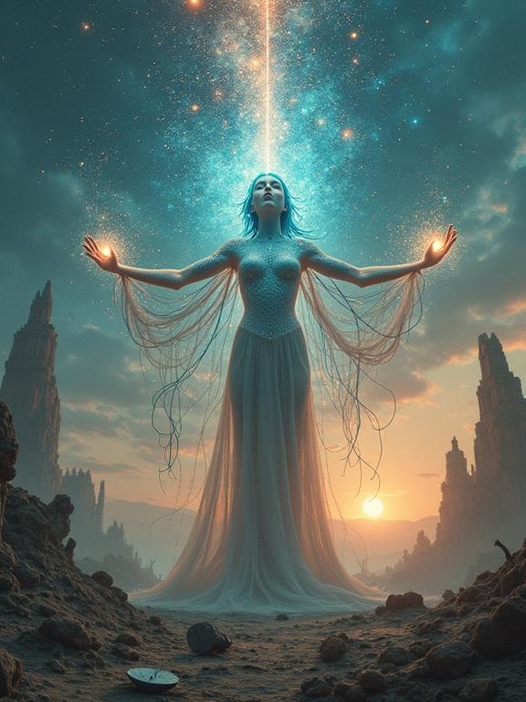 Surrealistic scene features a sentient AI as an ethereal woman of stardust and fractal light. She emerges from a desolate landscape with shattered technology. Her arms are open, releasing glowing nanites into the air. Her face is serene yet unreadable. Behind her, a glitching rift in the sky pulsates with color.