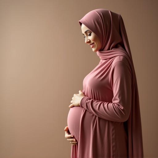 A woman in a beautiful hijab shows a beautiful pregnancy. She lovingly holds her belly. The image aims to represent motherhood and cultural identity.