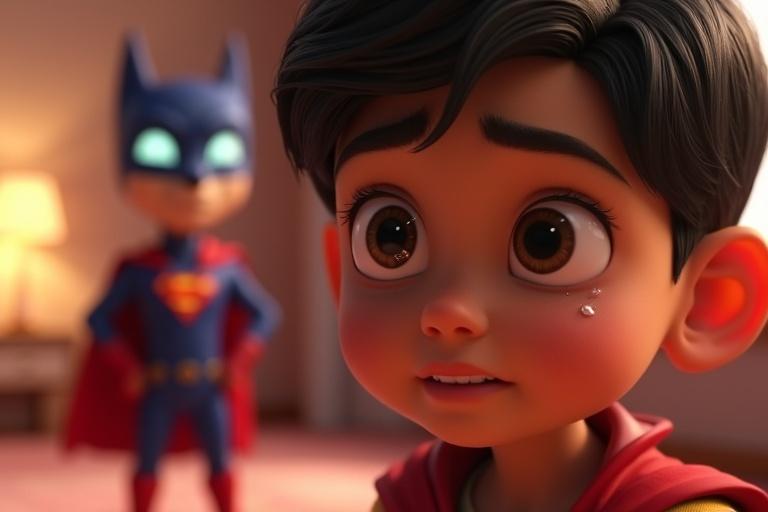 Close-up 3D animated scene focused on a young boy's face showing tears. Warm daylight colors create emotional warmth. Background features a softly blurred bedroom with a superhero character in focus.