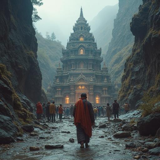 A mystical view of Kedarnath temple surrounded by mountains. People gather near the temple. Fog adds a serene atmosphere. The scene captures both spirituality and adventure.
