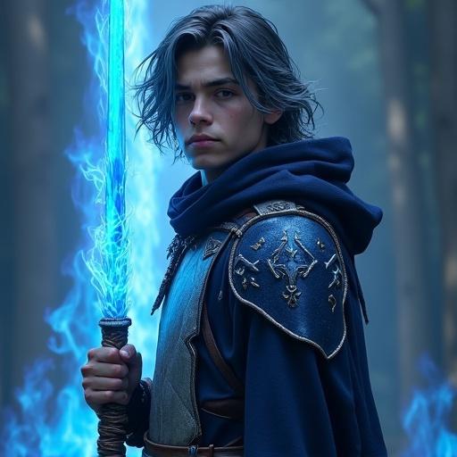 A young man with flowing hair in ash-blue and black stands calmly in a dim forest. He wears Guardia Blue armor with silver chest plate and azure flame embroidery. A hooded cloak with navy lining drapes over him. He holds a staff named Rumble Flare wrapped in leather with blue orbs. Ethereal blue flames swirl around the staff, with a pillar of blue flames in the background.