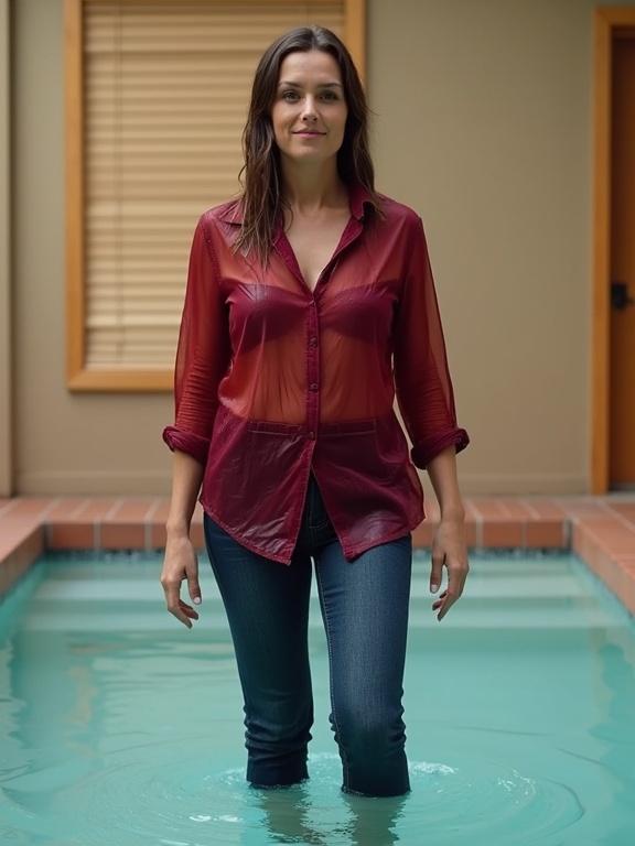 Photo of a woman standing in shallow water. She is off-center to the left. Her body is turned towards the camera while facing the viewer's left. She wears a deep red, translucent shirt and dark-wash blue jeans. She is stepping onto the edge of a pool. The water is clear and turquoise blue. The background has tan walls and beige wooden blinds. The overall atmosphere is casual and playful.