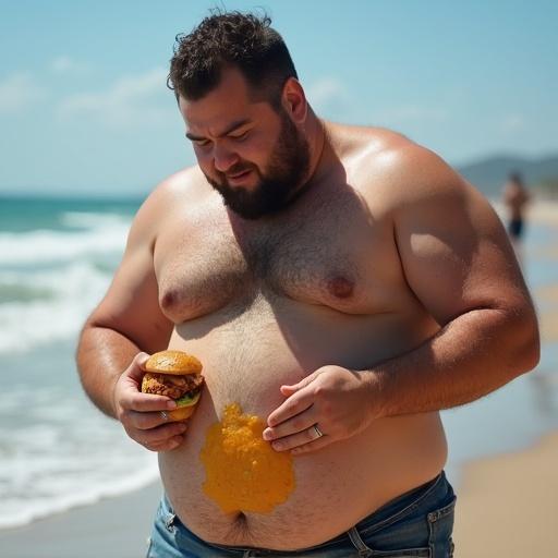 A man at the beach holds a cheeseburger to his stomach. The scene conveys humor and relaxation. The atmosphere is sunny with natural light. The man appears casual and carefree.