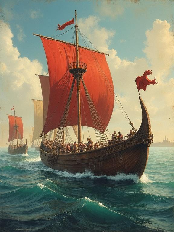 A historical depiction of the Siege of Damietta during the Fifth Crusade. Two ships with large red sails navigate the Nile River. Crowded decks indicate a spirited crew. Clear skies with a few clouds enhance the scene's vibrancy.